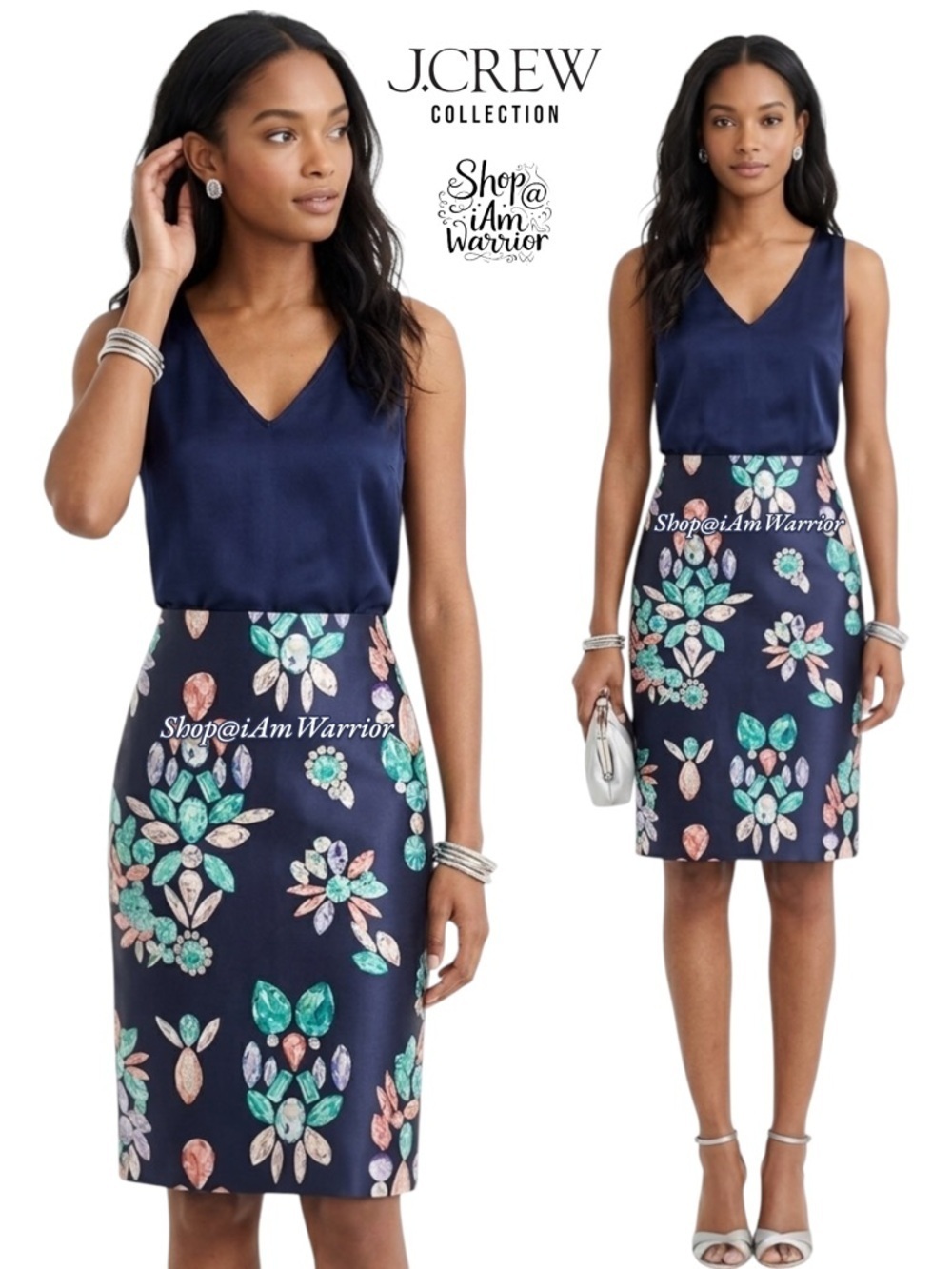 J.Crew Collection navy gemstone print silk blend midi skirt *shop@iamwarrior